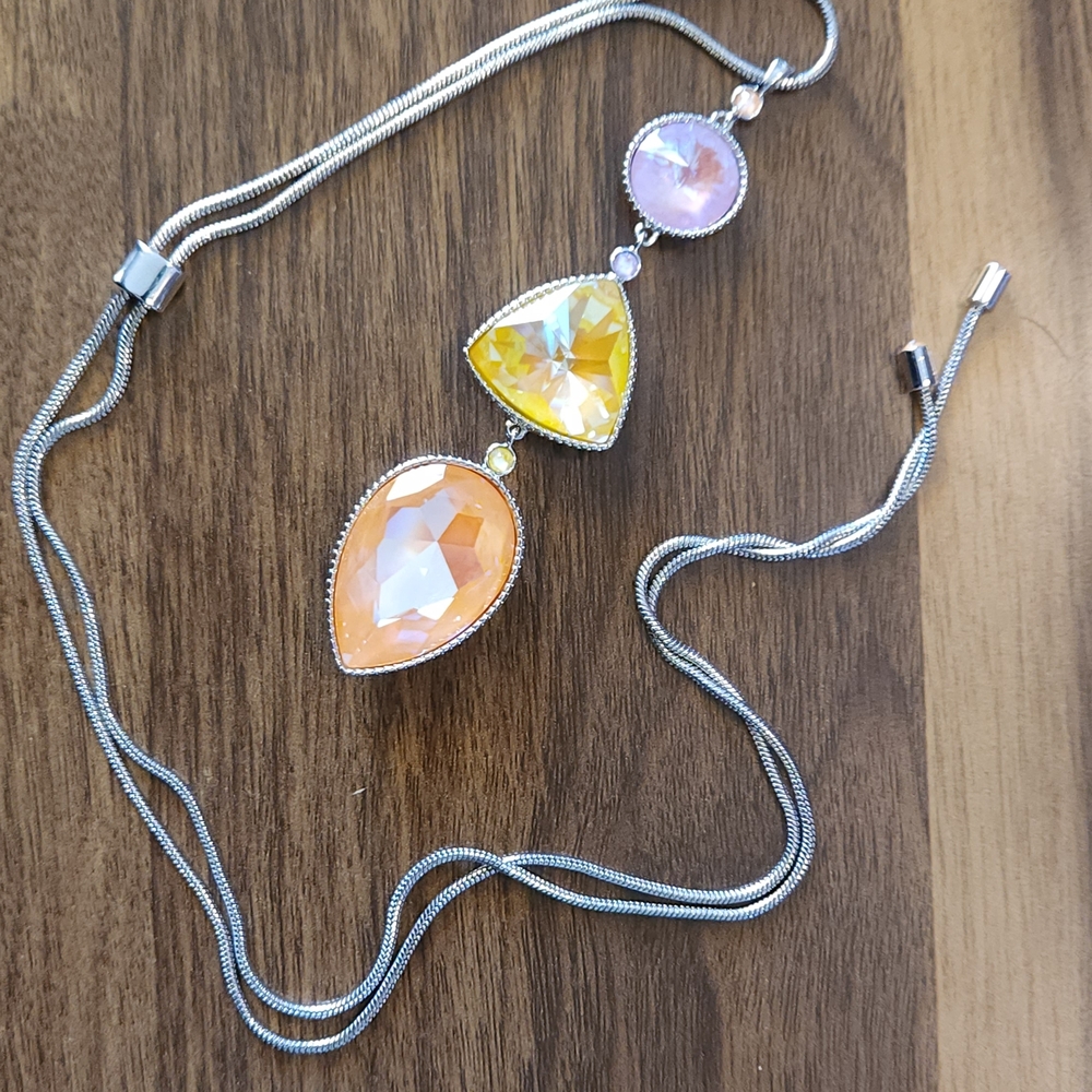 Touchstone Crystal Pendant Slide Necklace in Pink, Yellow & Orange